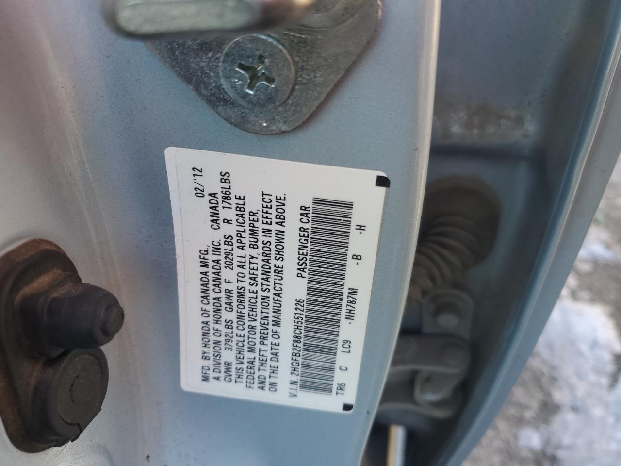 2012 Honda Civic VIN 2HGFB2F88CH551226 Copart auction photo, front end / side damage thumbnail 13