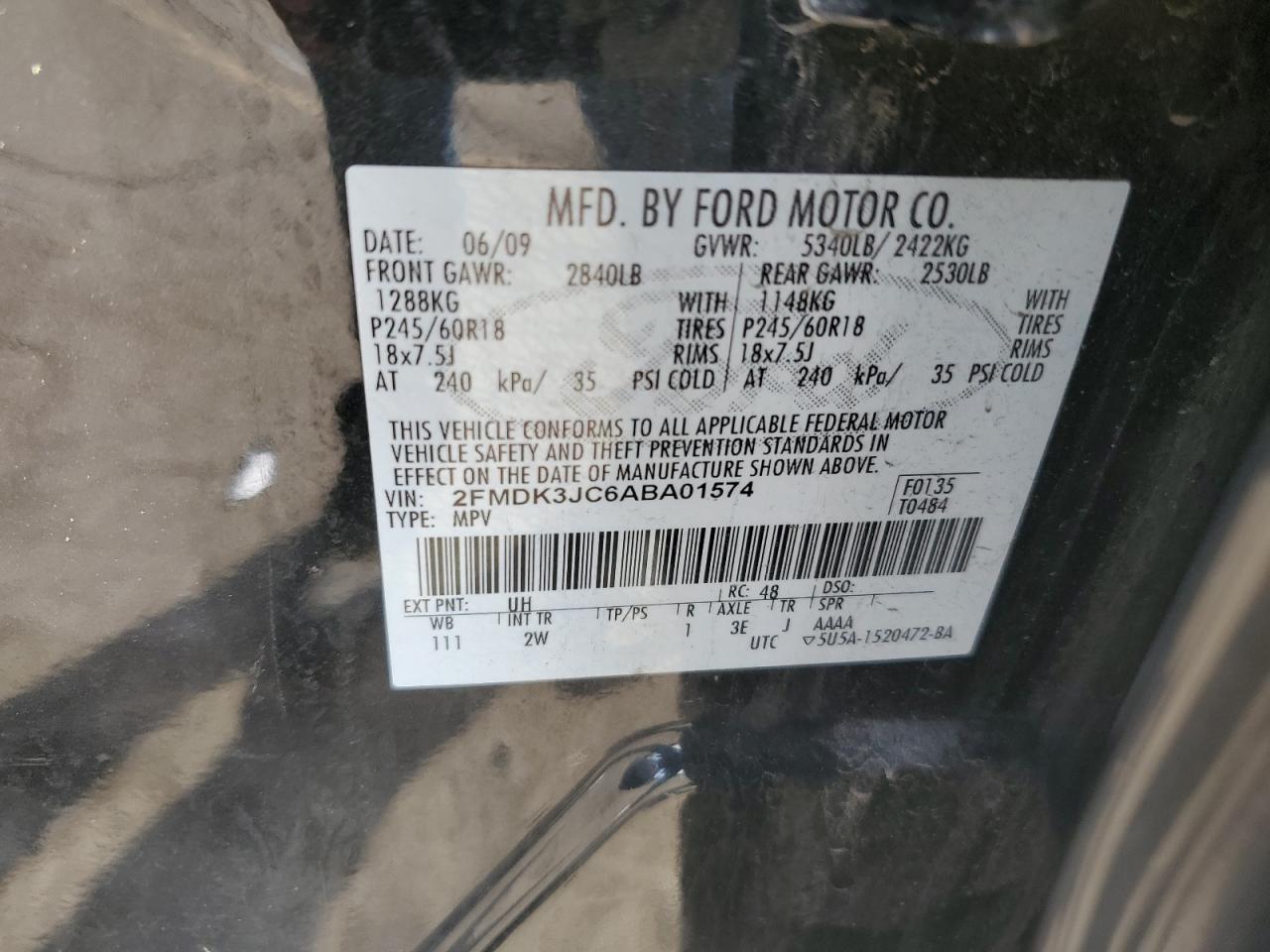 2010 Ford Edge VIN 2FMDK3JC6ABA01574 Copart auction photo, front end damage thumbnail 13