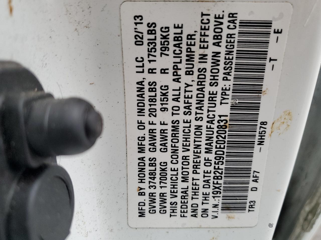 2013 Honda Civic VIN 19XFB2F59DE020831 Copart auction photo, front end / side damage thumbnail 12