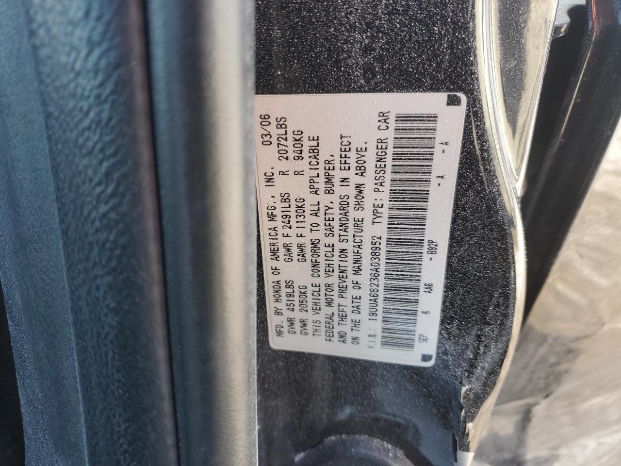 2006 Acura TL VIN 19UUA66236A038952 Copart auction photo, side damage thumbnail 14