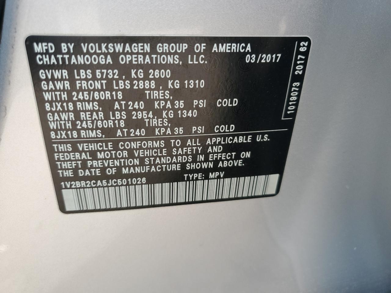 2018 Volkswagen Atlas VIN 1V2BR2CA5JC501026 Copart auction photo, front end damage thumbnail 15