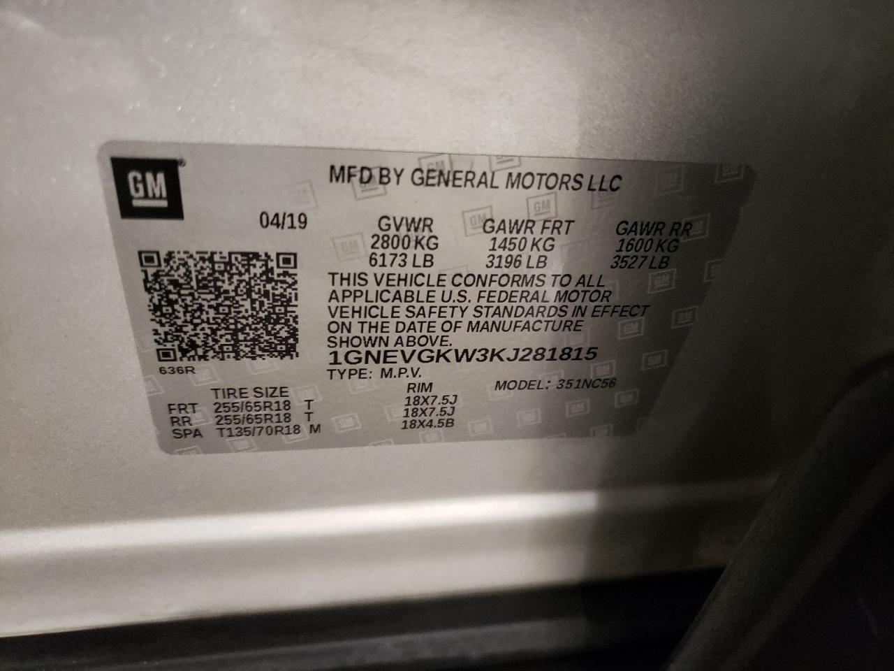 2019 Chevrolet Traverse VIN 1GNEVGKW3KJ281815 Copart auction photo, front end / side damage thumbnail 14