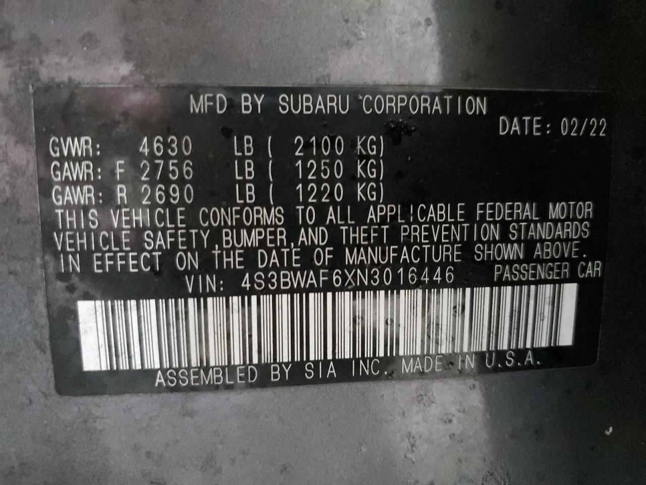 2022 Subaru Legacy VIN 4S3BWAF6XN3016446 Copart auction photo, front end damage thumbnail 14