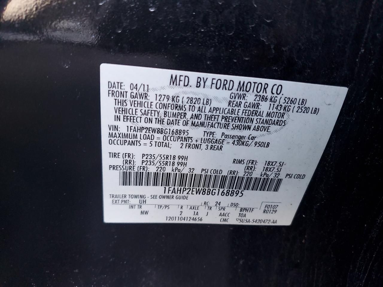 2011 Ford Taurus VIN 1FAHP2EW8BG168895 Copart auction photo, undercarriage / minor dent/scratches damage thumbnail 12
