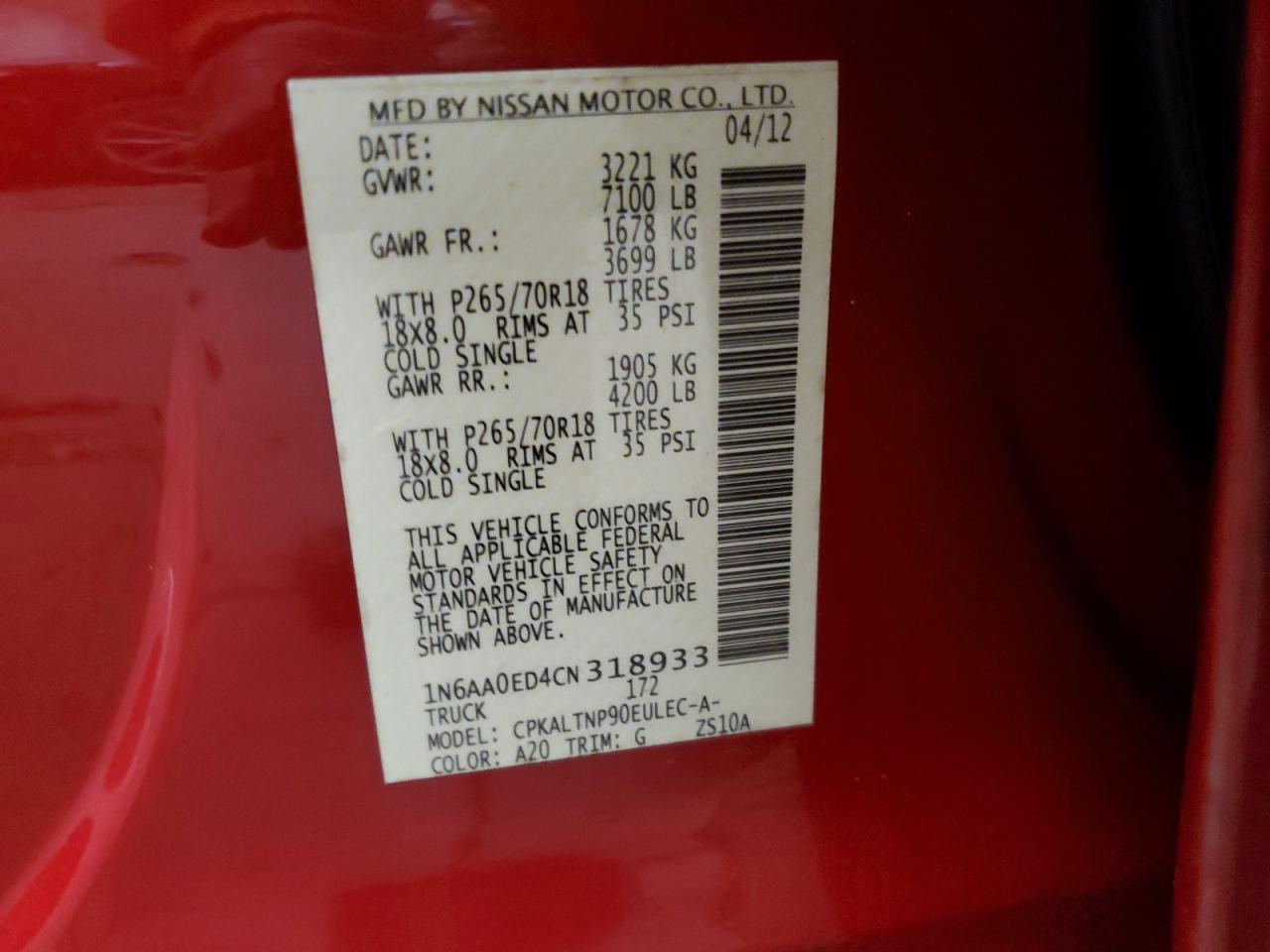 2012 Nissan Titan VIN 1N6AA0ED4CN318933 Copart auction photo, side damage thumbnail 14