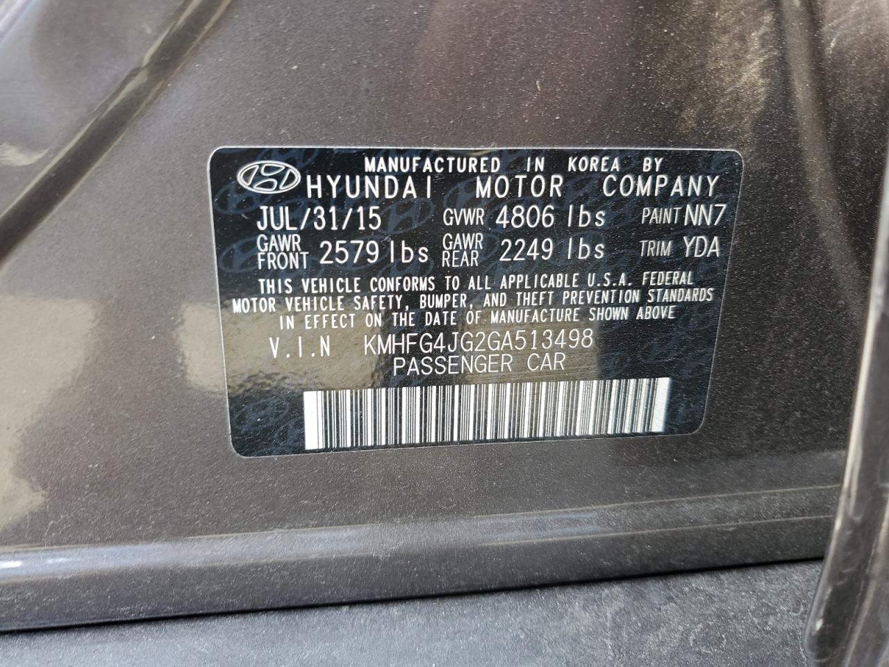 2016 Hyundai Azera VIN KMHFG4JG2GA513498 Copart auction photo, front end / minor dent/scratches damage thumbnail 12
