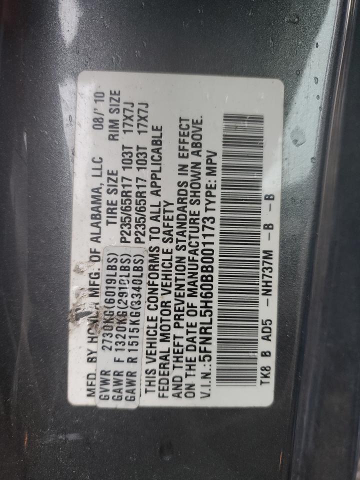 2011 Honda Odyssey VIN 5FNRL5H60BB001173 Copart auction photo, front end / side damage thumbnail 13