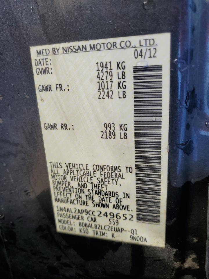 2012 Nissan Altima VIN 1N4AL2AP9CC249652 Copart auction photo, rear end / front end damage thumbnail 12