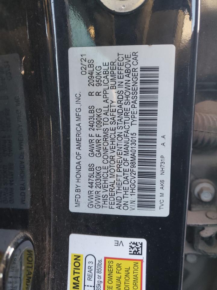 2021 Honda Accord VIN 1HGCV2F98MA013015 Copart auction photo, all over damage thumbnail 12
