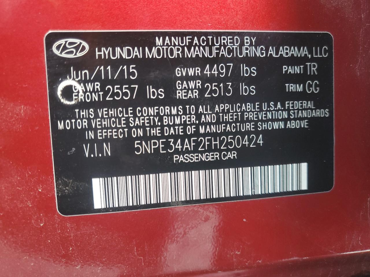 2015 Hyundai Sonata VIN 5NPE34AF2FH250424 Copart auction photo, side / front end damage thumbnail 14