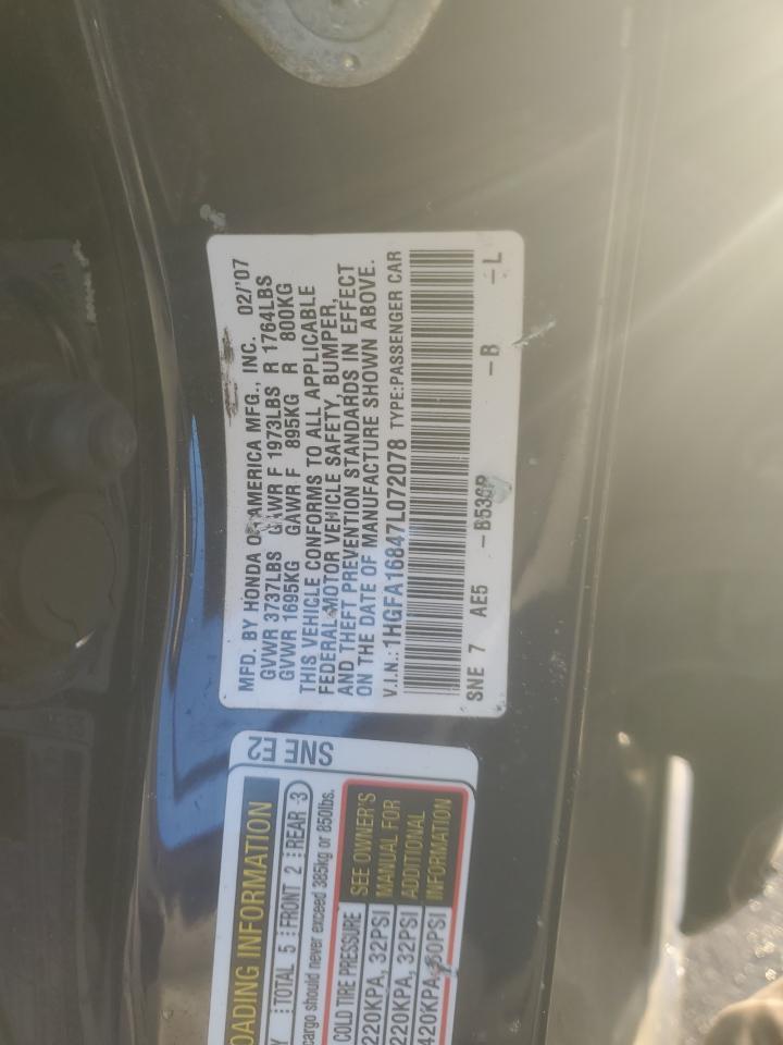2007 Honda Civic VIN 1HGFA16847L072078 Copart auction photo, side / front end damage thumbnail 12
