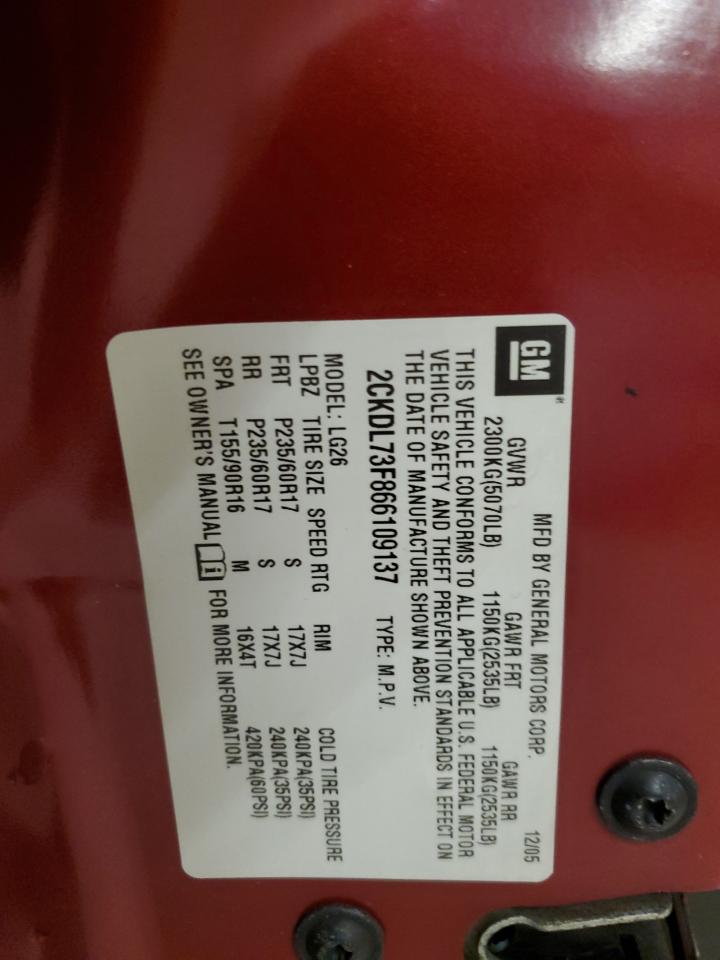 2006 Pontiac Torrent VIN 2CKDL73F866109137 Copart auction photo, front end damage thumbnail 13