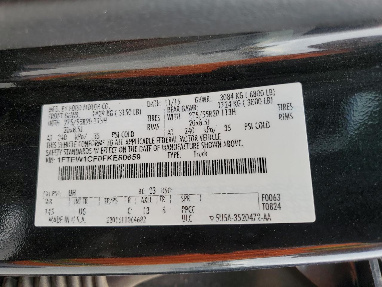 2015 Ford F-150 VIN 1FTEW1CF0FKE80659 Copart auction photo, front end damage thumbnail 12