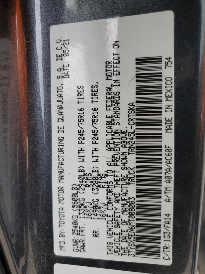 2021 Toyota Tacoma VIN 3TYSX5EN6MT008083 Copart auction photo, all over damage thumbnail 14