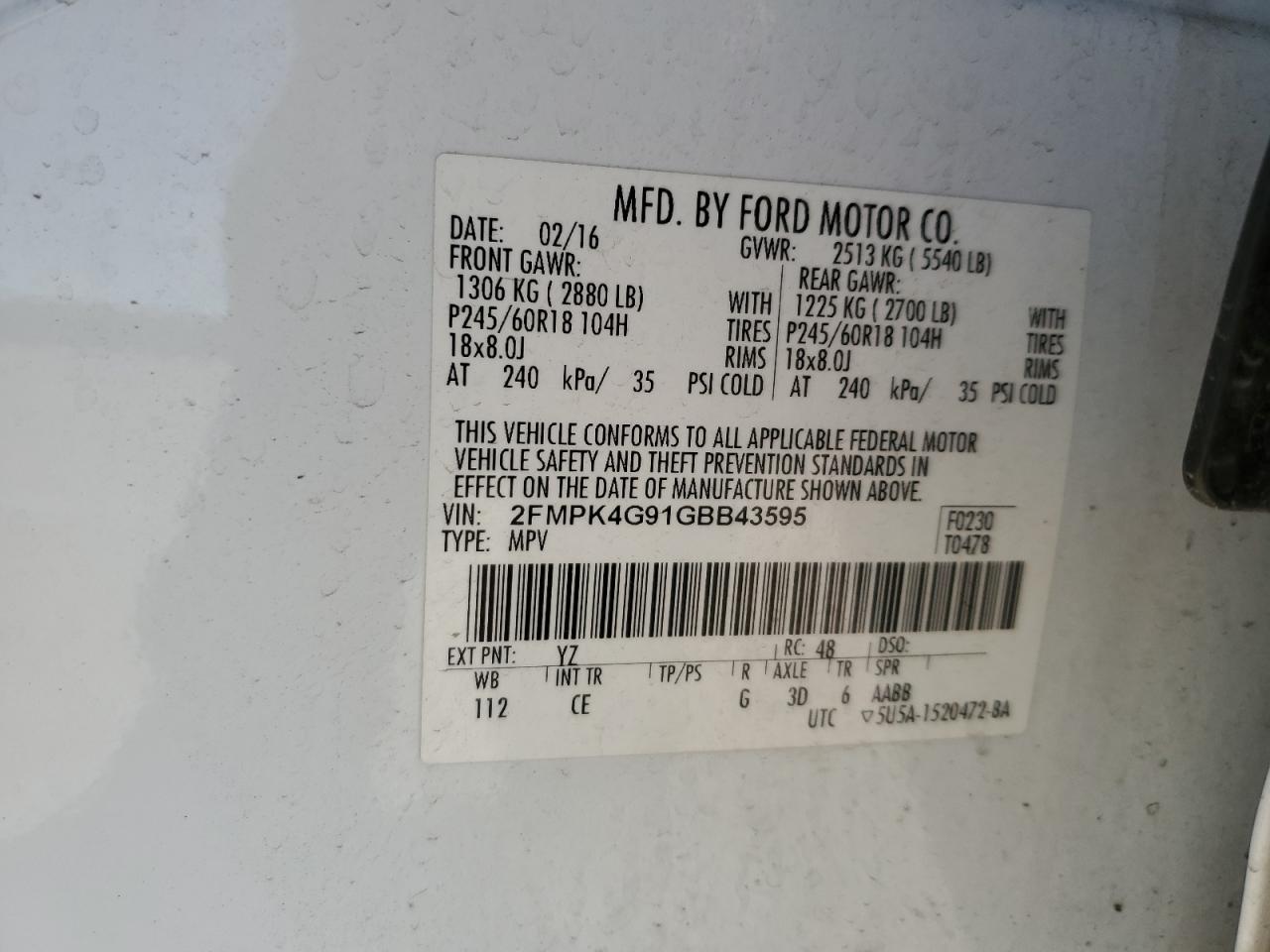 2016 Ford Edge VIN 2FMPK4G91GBB43595 Copart auction photo, side / rear end damage thumbnail 13