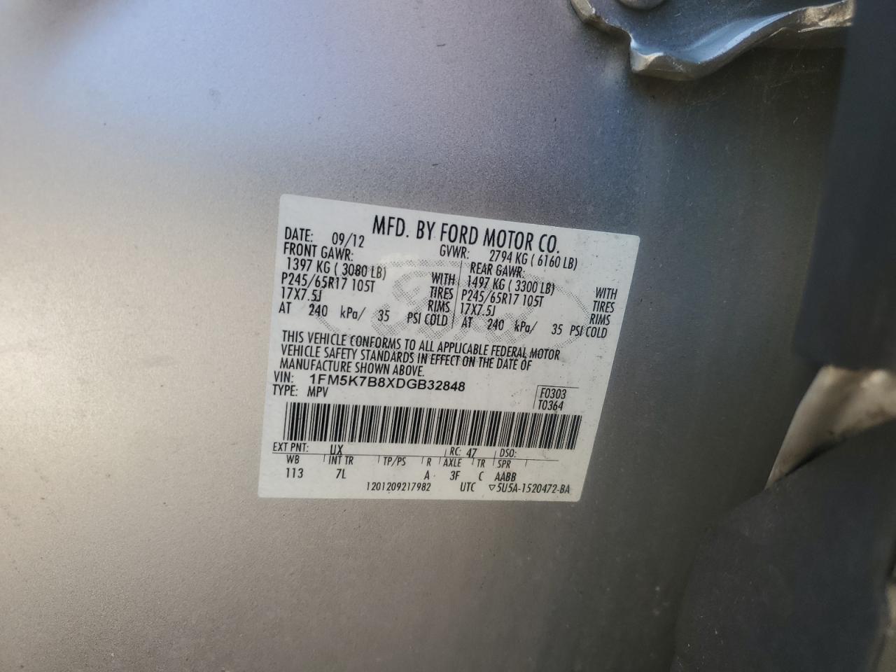 2013 Ford Explorer VIN 1FM5K7B8XDGB32848 Copart auction photo, minor dent/scratches damage thumbnail 14