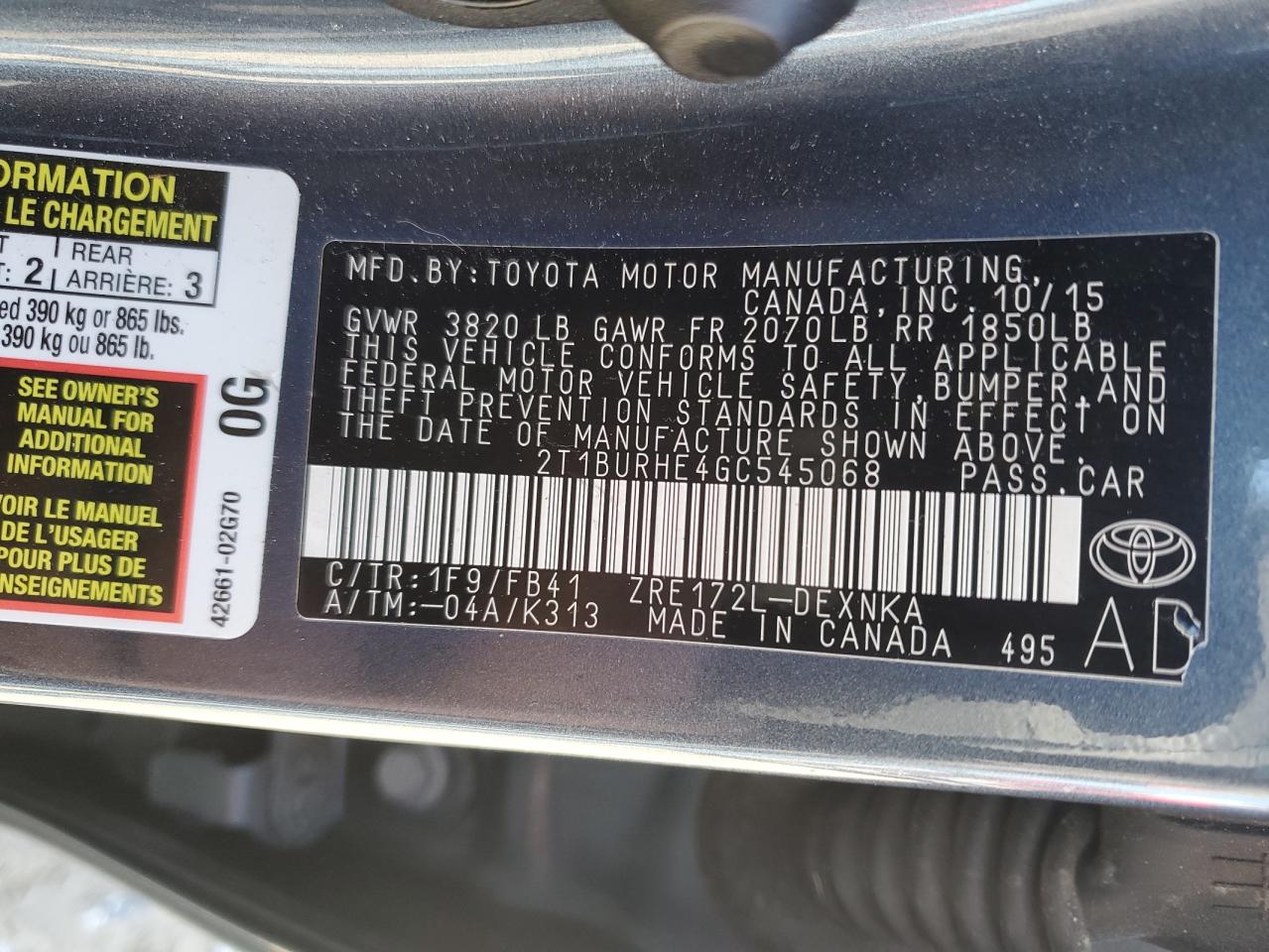 2016 Toyota Corolla VIN 2T1BURHE4GC545068 Copart auction photo, rear end / side damage thumbnail 15