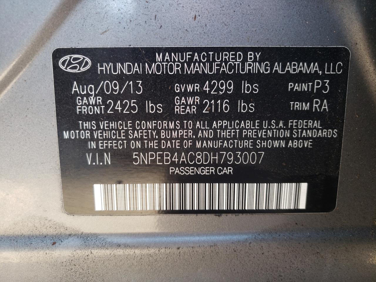 2013 Hyundai Sonata VIN 5NPEB4AC8DH793007 Copart auction photo, front end / undercarriage damage thumbnail 14