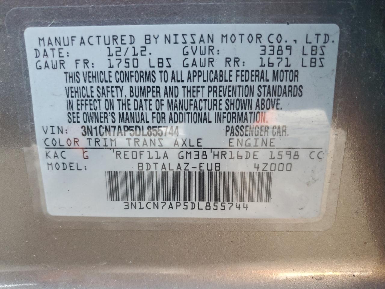 2013 Nissan Versa VIN 3N1CN7AP5DL855744 Copart auction photo, rear end damage thumbnail 12