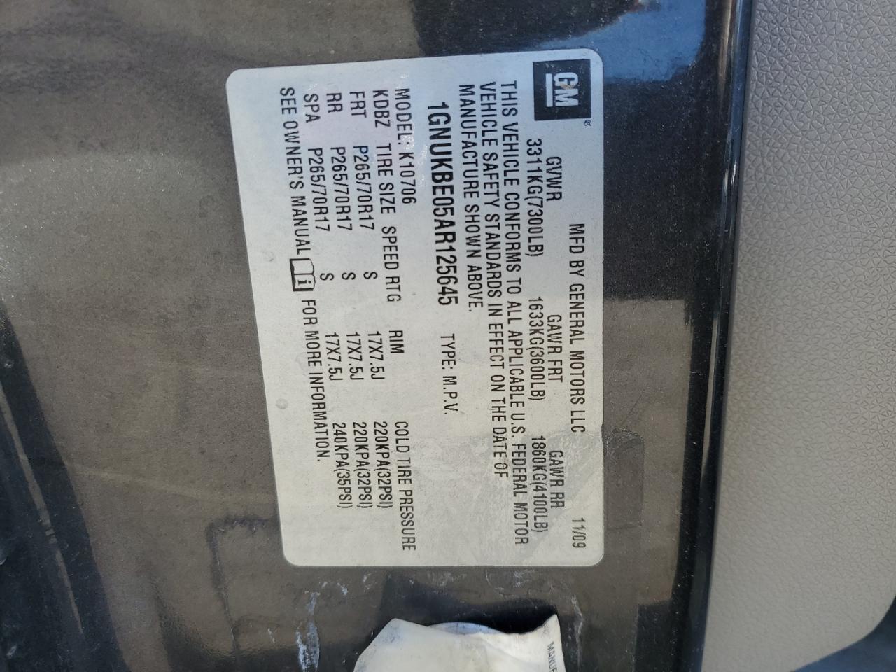 2010 Chevrolet Tahoe VIN 1GNUKBE05AR125645 Copart auction photo, front end damage thumbnail 13