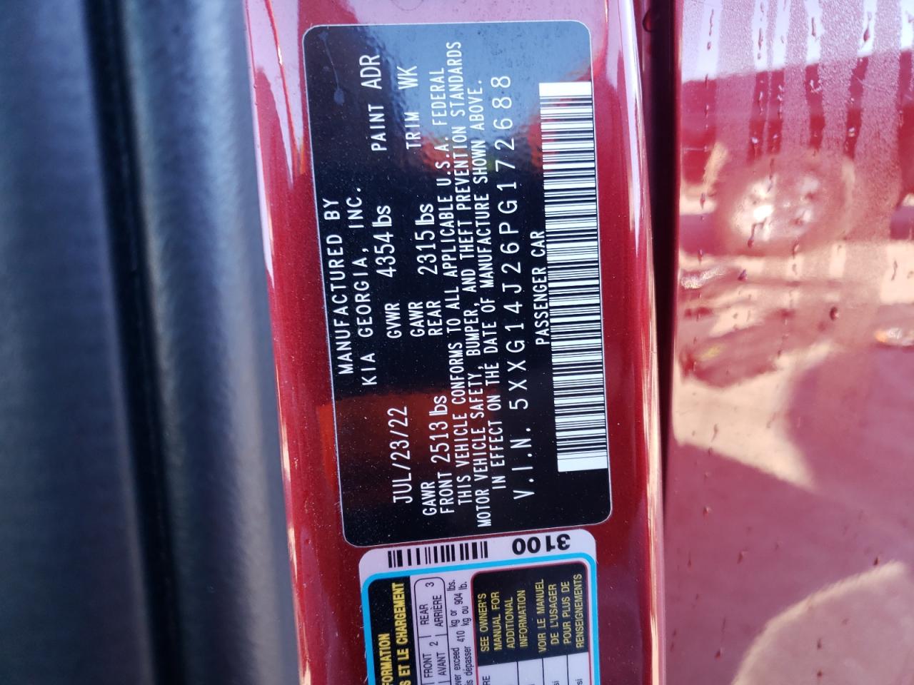 2023 KIA K5 VIN 5XXG14J26PG172688 Copart auction photo, front end / hail damage thumbnail 13