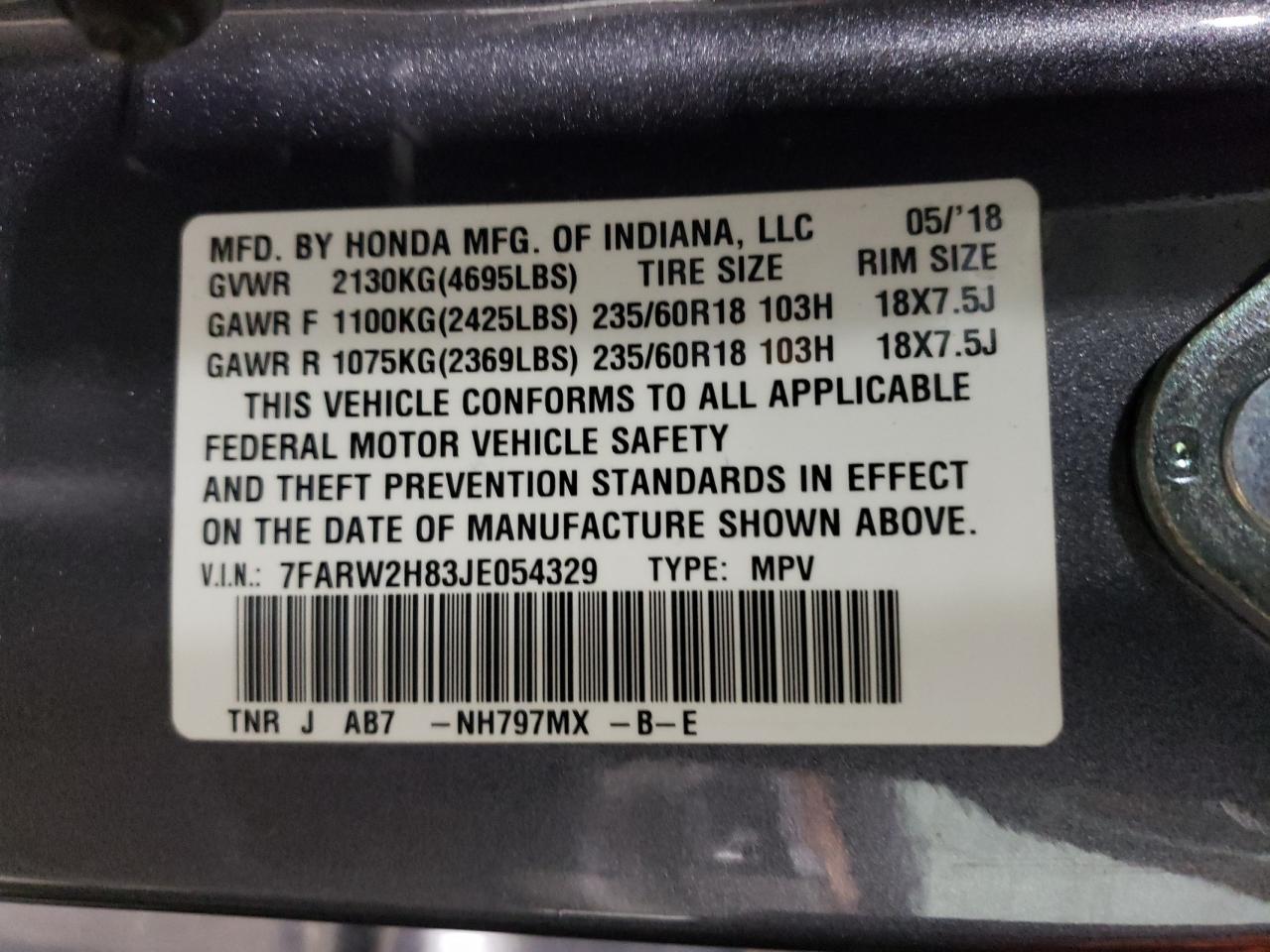 2018 Honda CR-V VIN 7FARW2H83JE054329 Copart auction photo, front end / side damage thumbnail 13