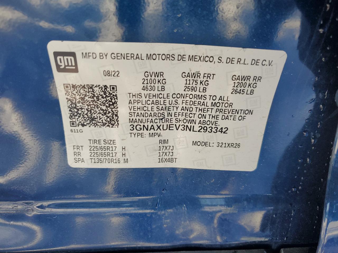 2022 Chevrolet Equinox VIN 3GNAXUEV3NL293342 Copart auction photo, side damage thumbnail 14