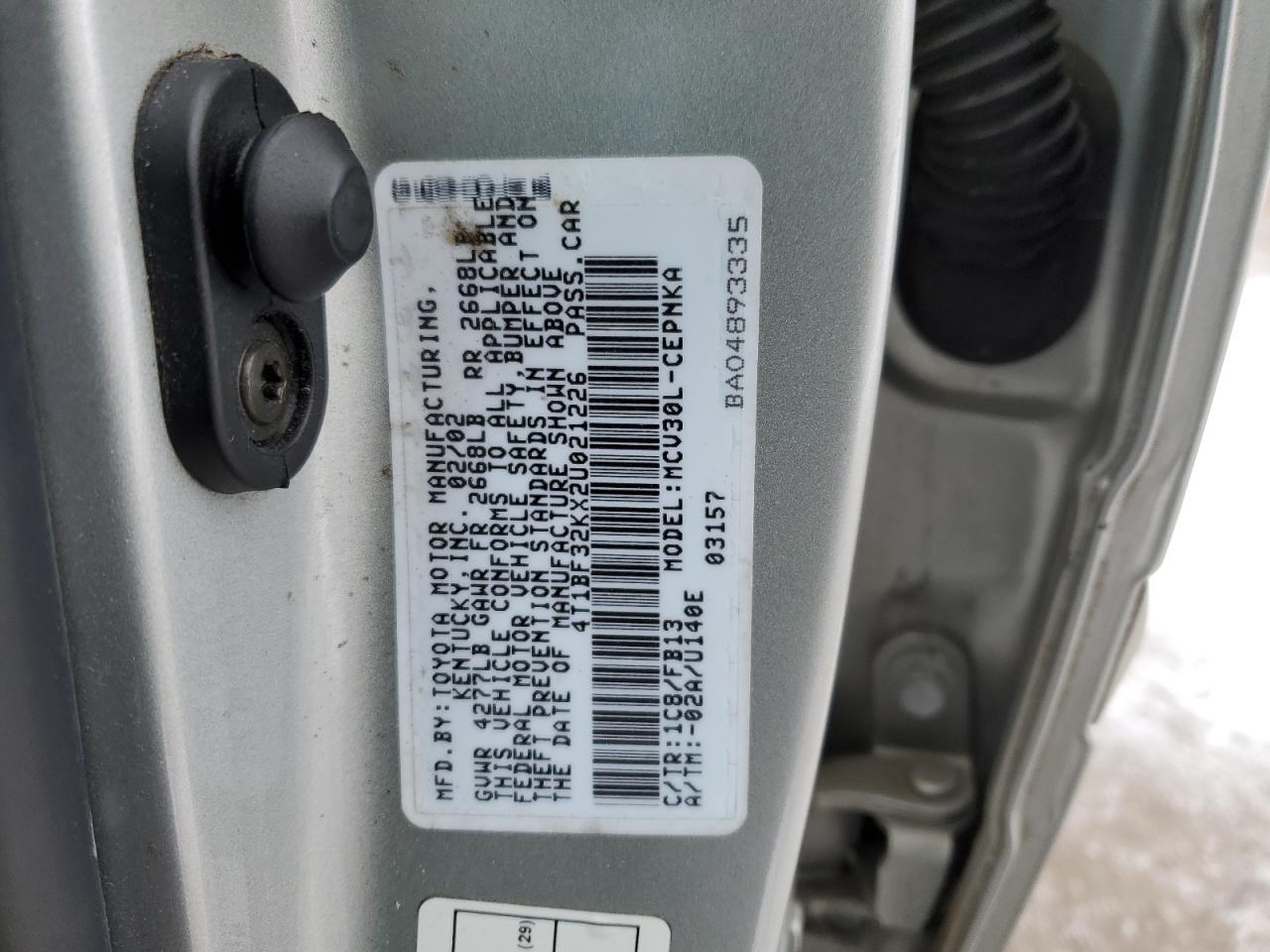 2002 Toyota Camry VIN 4T1BF32KX2U021226 Copart auction photo, front end / minor dent/scratches damage thumbnail 12
