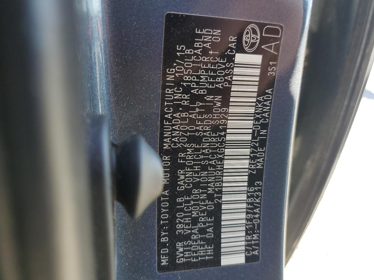 2016 Toyota Corolla VIN 2T1BURHEXGC541929 Copart auction photo, rear end damage thumbnail 15