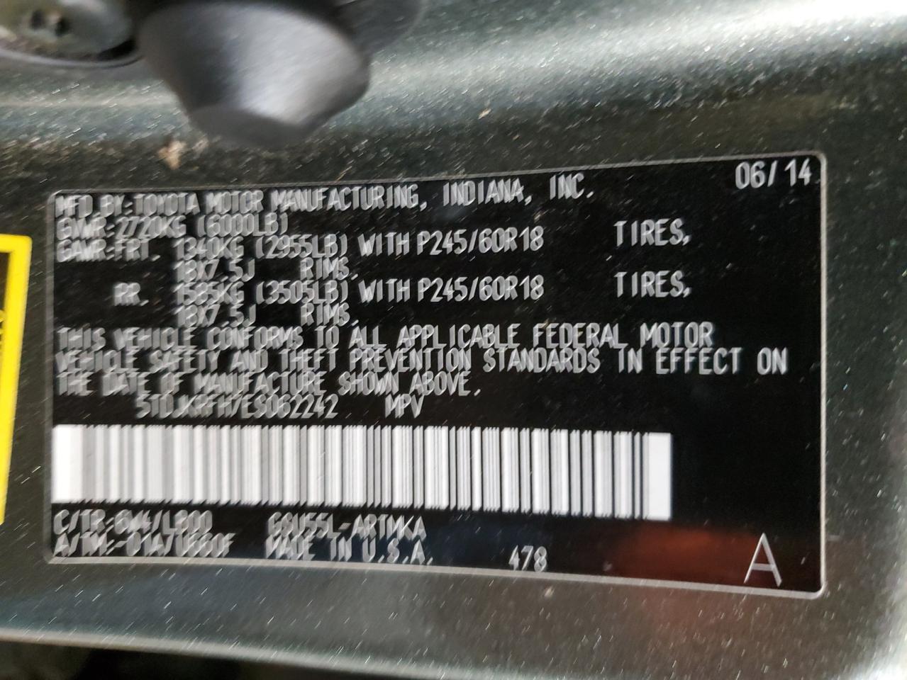 2014 Toyota Highlander VIN 5TDJKRFH7ES062242 Copart auction photo, all over damage thumbnail 14