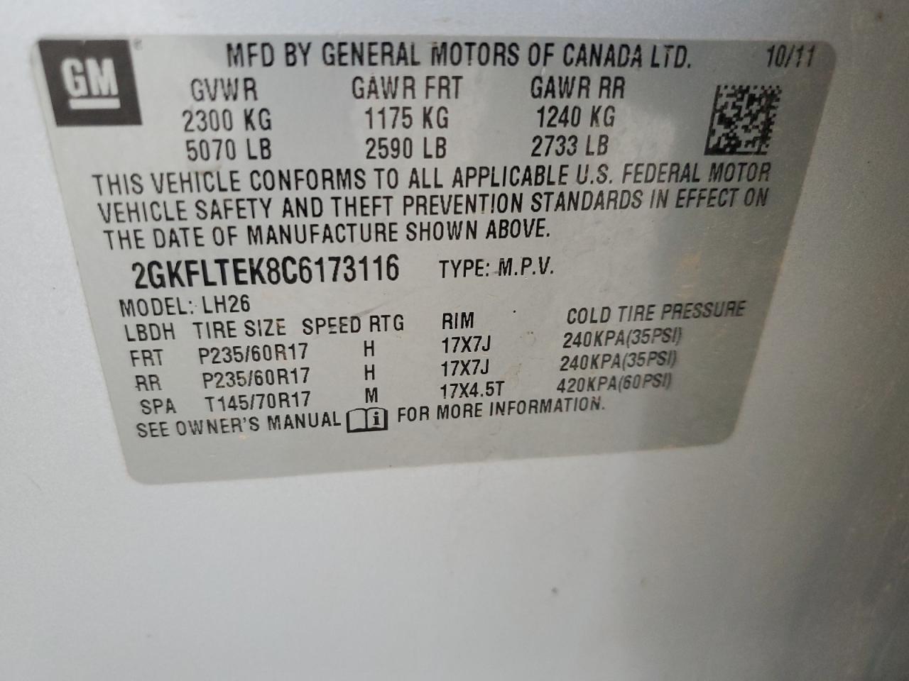 2012 GMC Terrain VIN 2GKFLTEK8C6173116 Copart auction photo, all over damage thumbnail 14