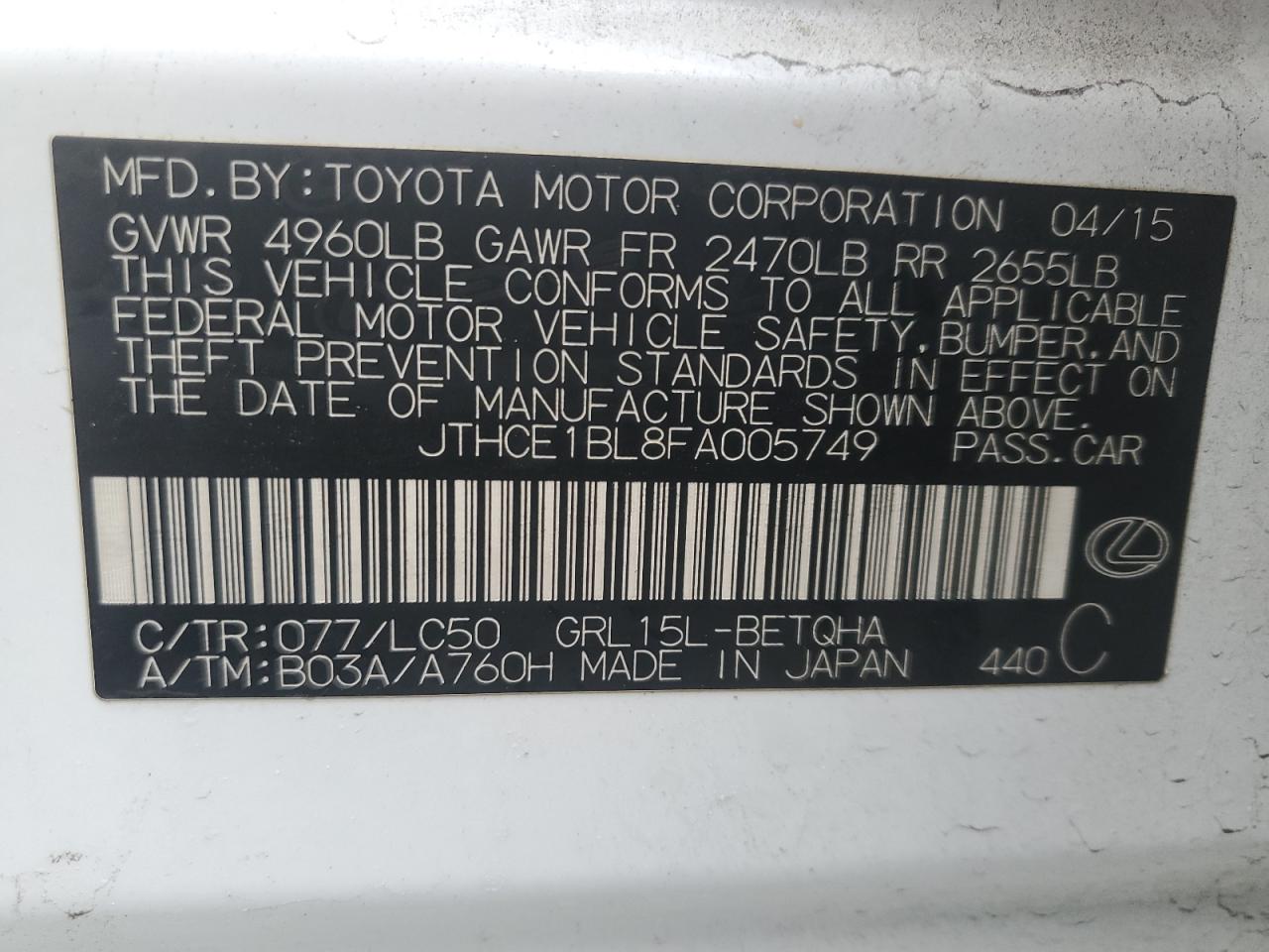 2015 Lexus GS VIN JTHCE1BL8FA005749 Copart auction photo, rear end / side damage thumbnail 12