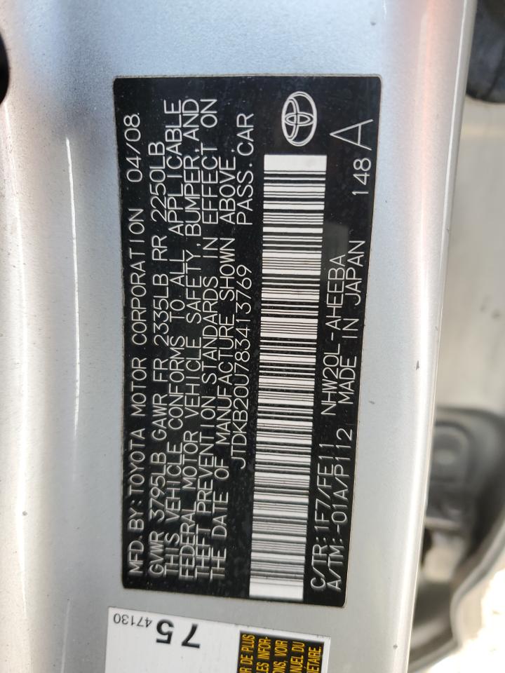2008 Toyota Prius VIN JTDKB20U783413769 Copart auction photo, side damage thumbnail 13