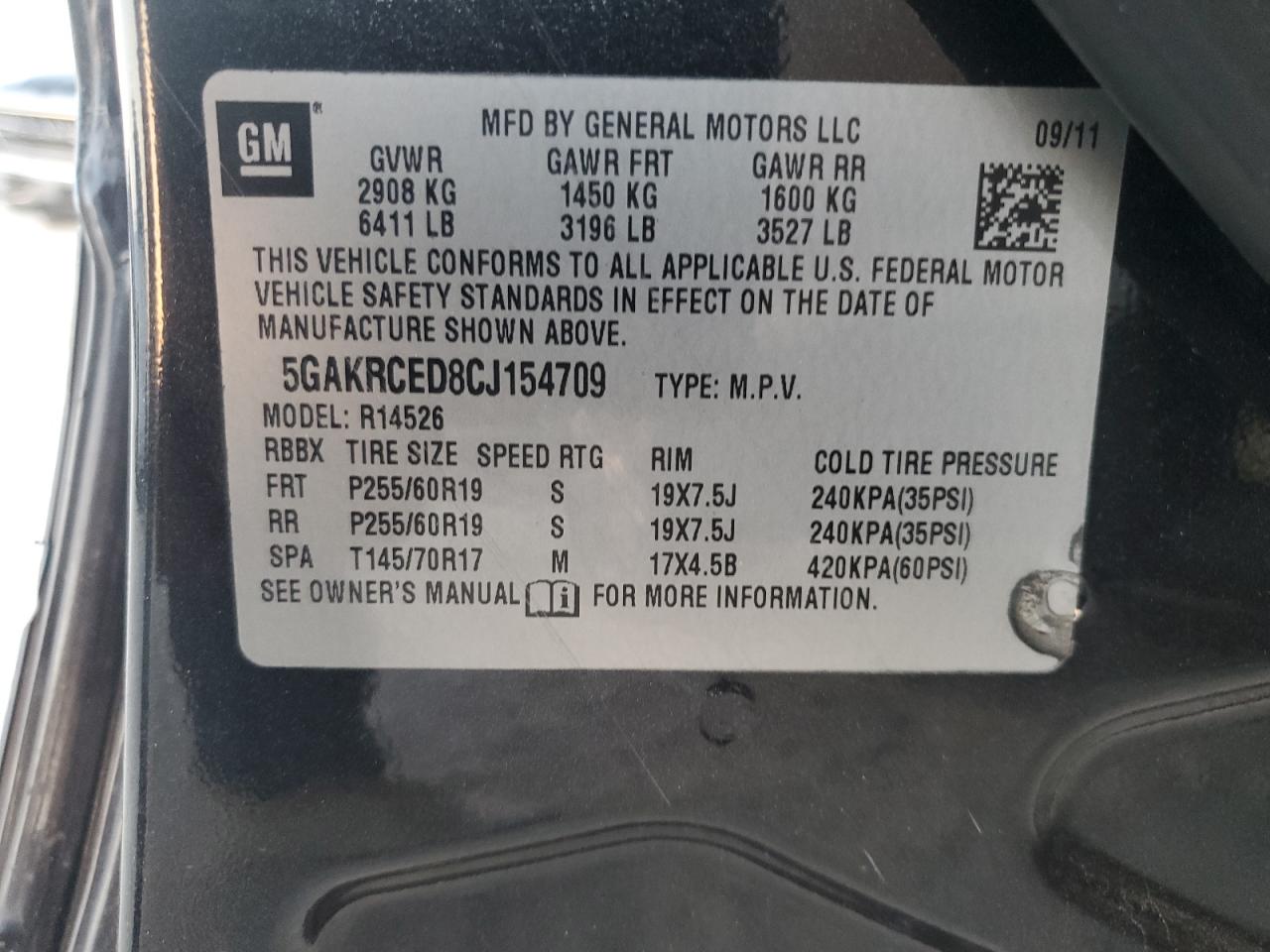 2012 Buick Enclave VIN 5GAKRCED8CJ154709 Copart auction photo, normal wear damage thumbnail 13