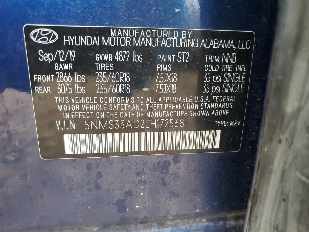 2020 Hyundai Santa Fe VIN 5NMS33AD2LH172568 Copart auction photo, front end damage thumbnail 14