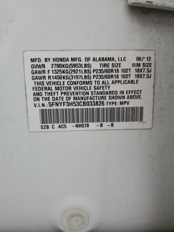 2012 Honda Pilot VIN 5FNYF3H53CB033826 Copart auction photo, front end damage thumbnail 13