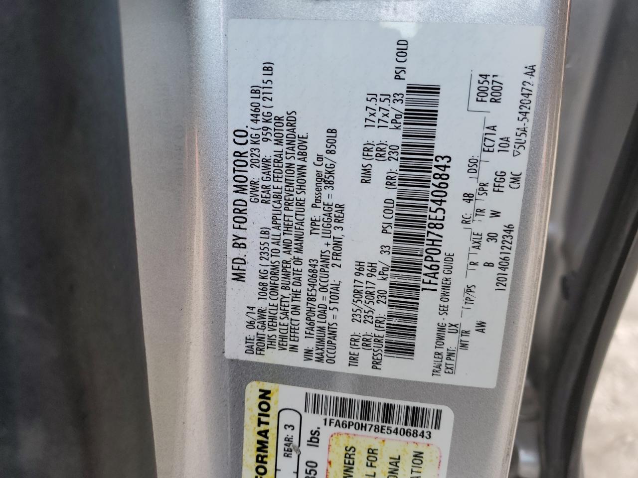 2014 Ford Fusion VIN 1FA6P0H78E5406843 Copart auction photo, front end damage thumbnail 14
