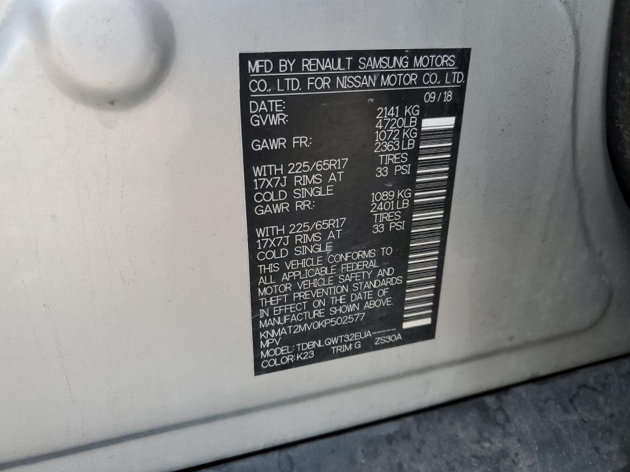 2019 Nissan Rogue VIN KNMAT2MV0KP502577 Copart auction photo, front end damage thumbnail 12