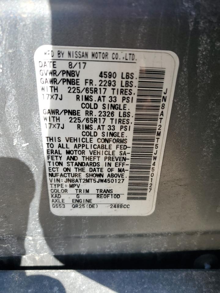 2018 Nissan Rogue VIN JN8AT2MT5JW450127 Copart auction photo, rear end / side damage thumbnail 15
