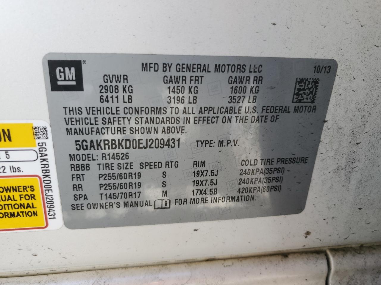 2014 Buick Enclave VIN 5GAKRBKD0EJ209431 Copart auction photo, rear end damage thumbnail 16