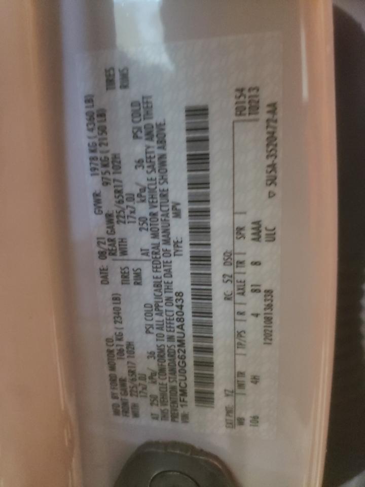 2021 Ford Escape VIN 1FMCU0G62MUA80438 Copart auction photo, front end damage thumbnail 13