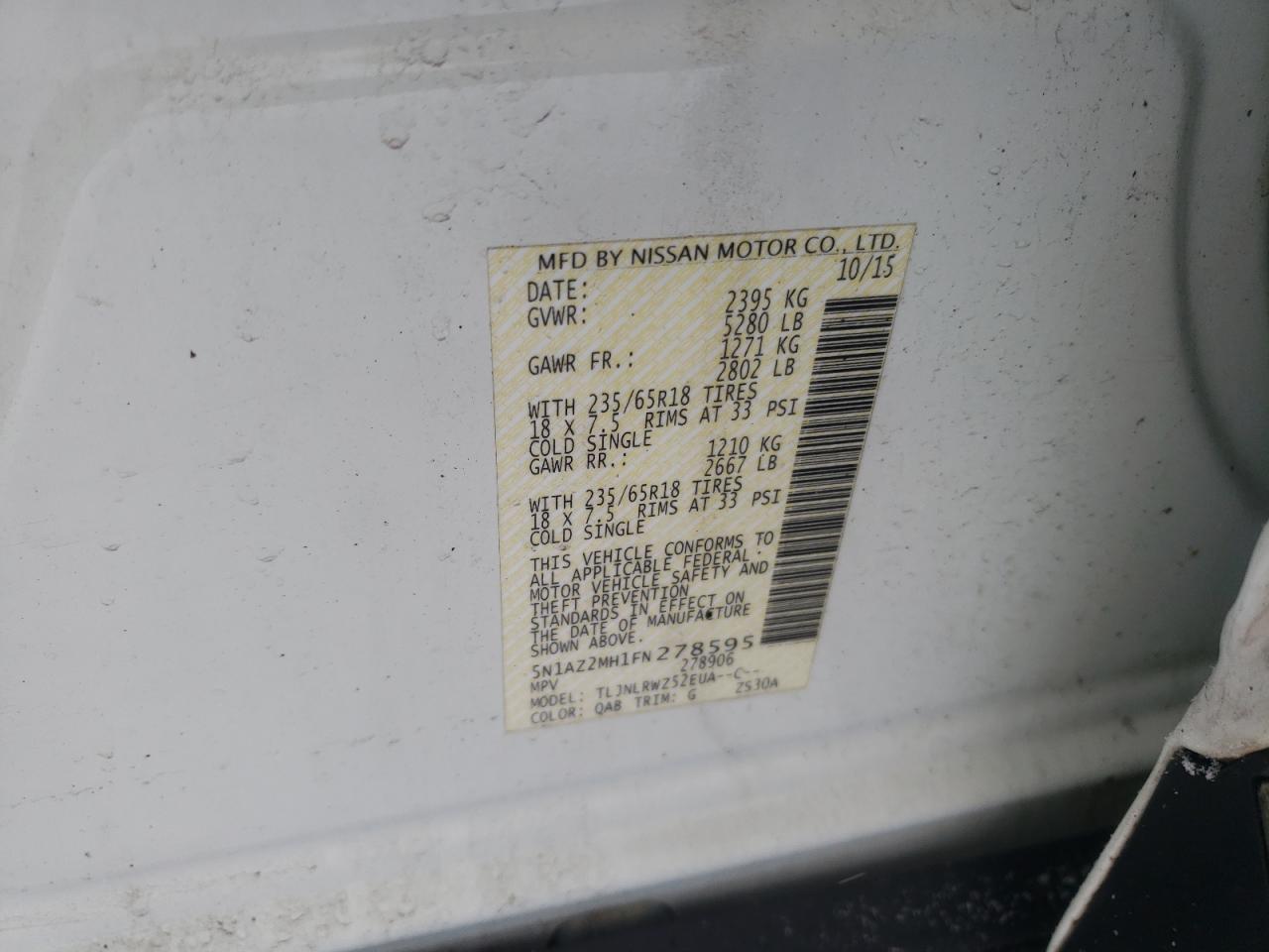 2015 Nissan Murano VIN 5N1AZ2MH1FN278595 Copart auction photo, rear end / side damage thumbnail 13