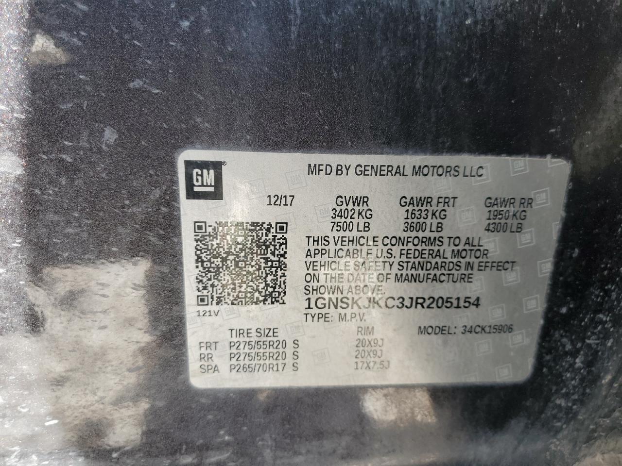 2018 Chevrolet Suburban VIN 1GNSKJKC3JR205154 Copart auction photo, front end / rear end damage thumbnail 14