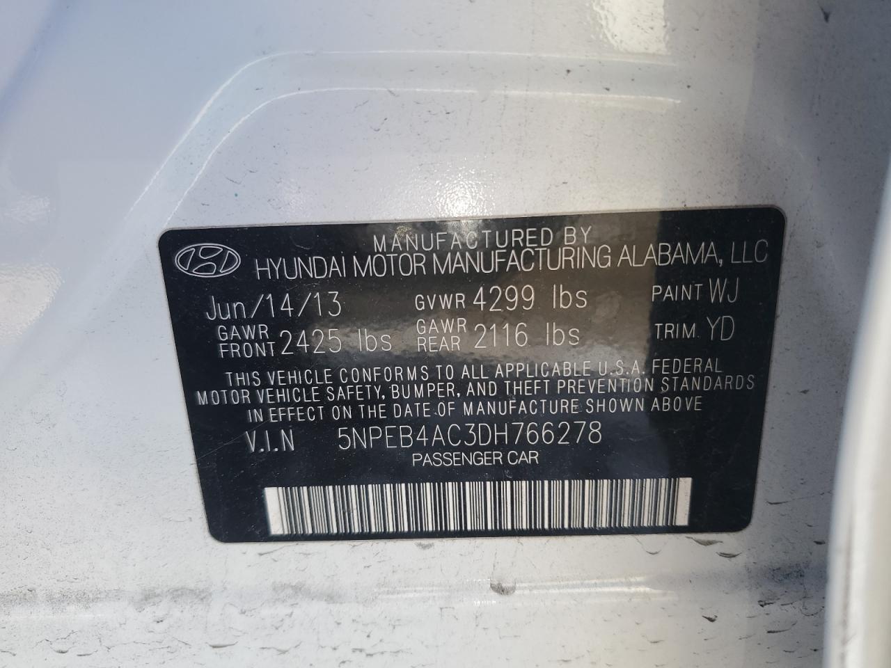 2013 Hyundai Sonata VIN 5NPEB4AC3DH766278 Copart auction photo, front end damage thumbnail 14