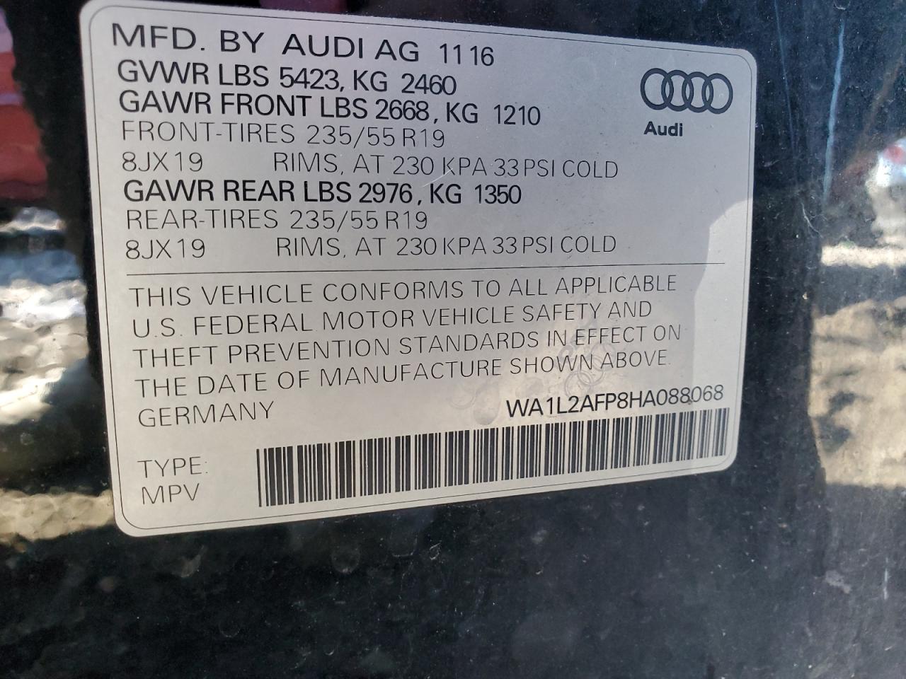 2017 Audi Q5 VIN WA1L2AFP8HA088068 Copart auction photo, front end damage thumbnail 12