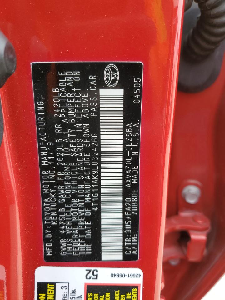 2020 Toyota Camry VIN 4T1G11AK9LU324266 Copart auction photo, hail / minor dent/scratches damage thumbnail 12