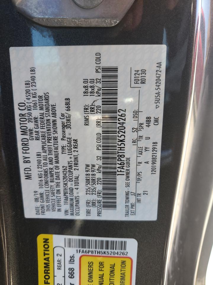 2019 Ford Mustang VIN 1FA6P8TH5K5204262 Copart auction photo, front end / hail damage thumbnail 13