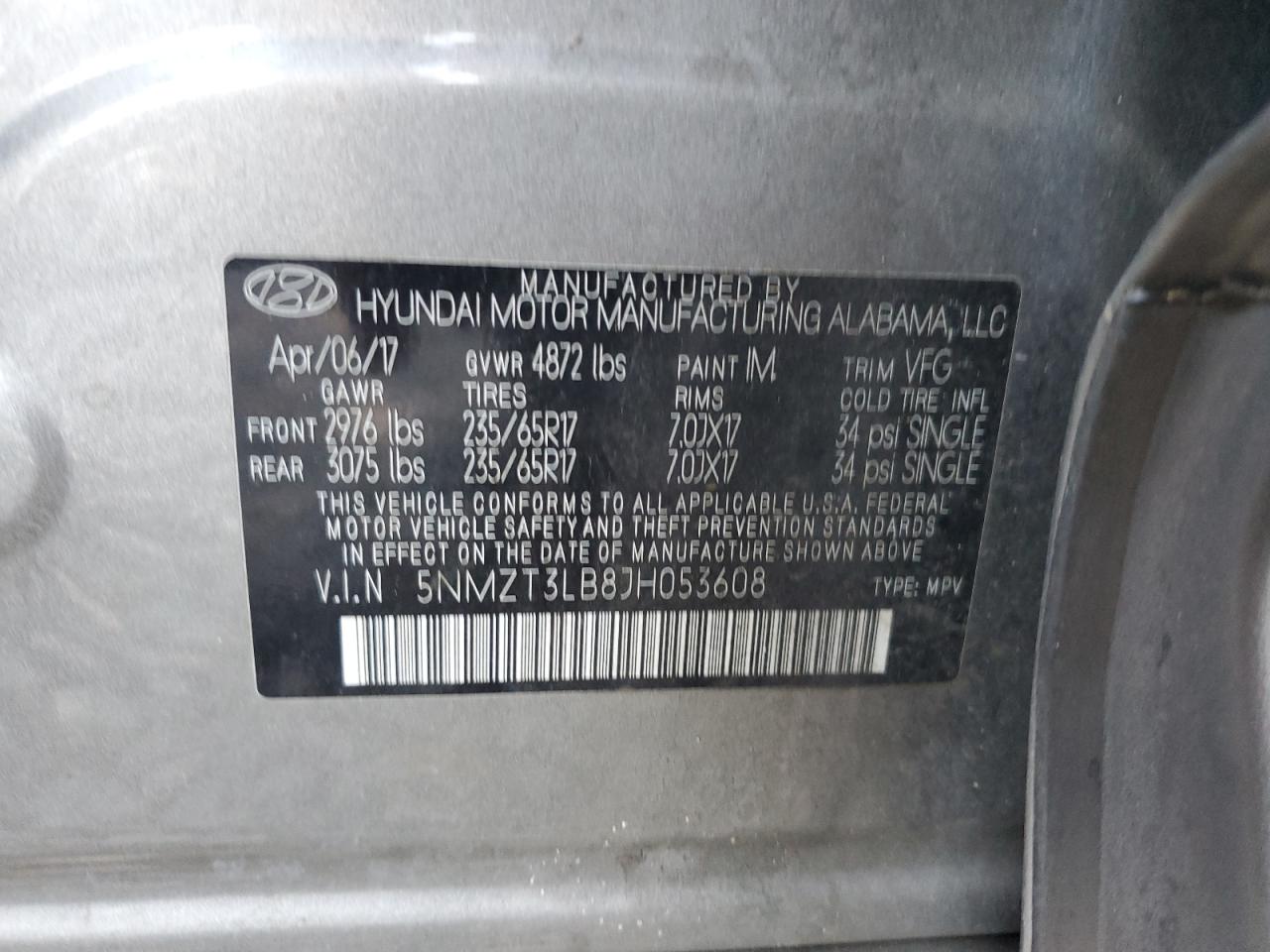 2018 Hyundai Santa Fe VIN 5NMZT3LB8JH053608 Copart auction photo, mechanical damage thumbnail 13