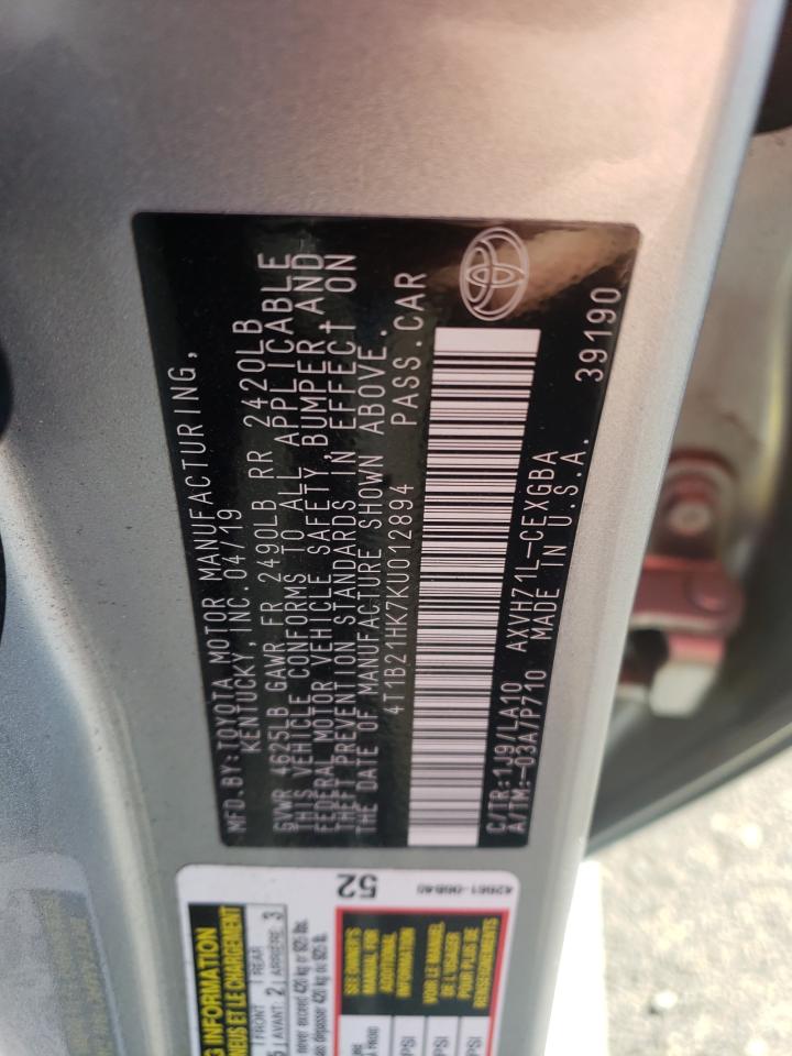 2019 Toyota Camry VIN 4T1B21HK7KU012894 Copart auction photo, front end damage thumbnail 12