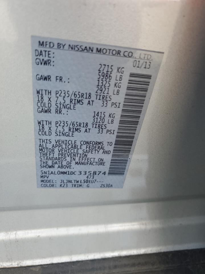 2013 Infiniti JX VIN 5N1AL0MM1DC335874 Copart auction photo, vandalism / all over damage thumbnail 13